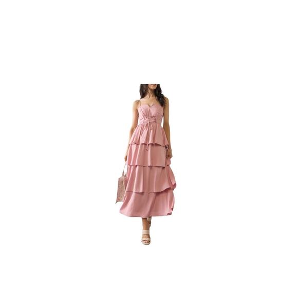 Aubrey Parks Blush Pink Tiered Maxi Dress Lace-Up Front Size- Small - Picture 1 of 8